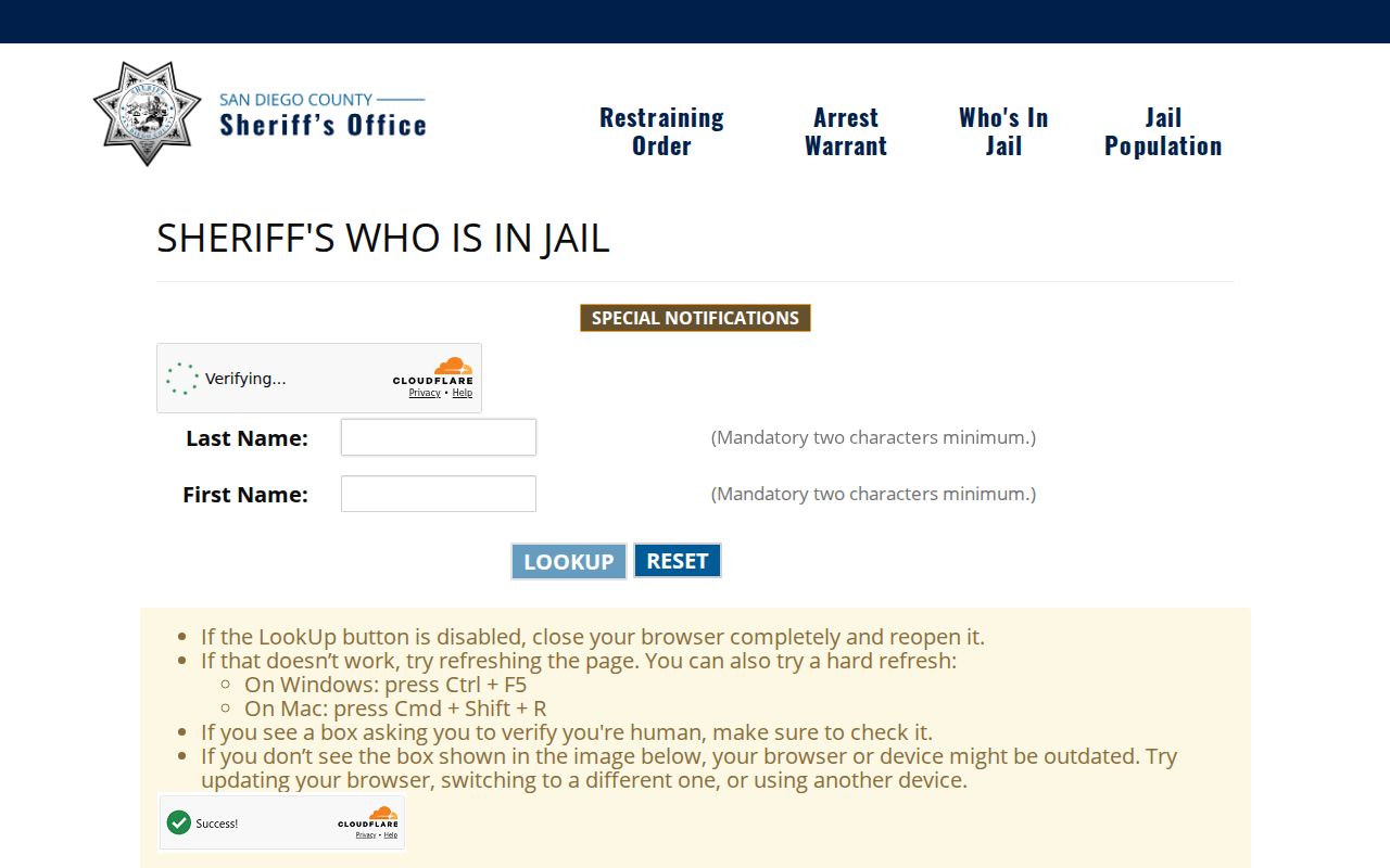 El Cajon people search San Diego Sheriff Who's In Jail lookup