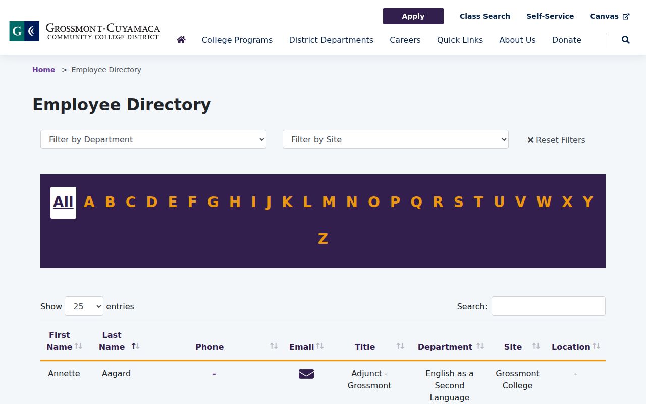 El Cajon people directories screenshot of the Grossmont-Cuyamaca staff directory