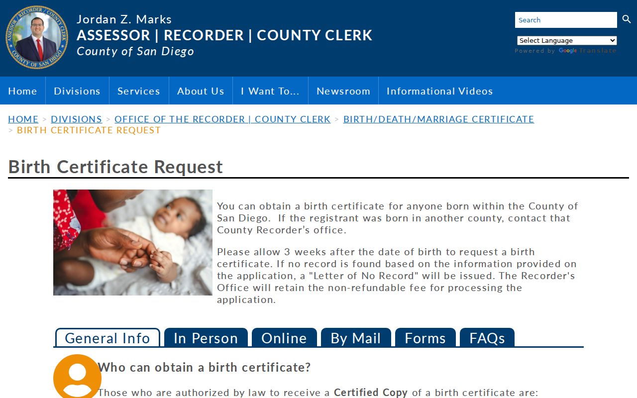 El Cajon public records San Diego County birth certificate request