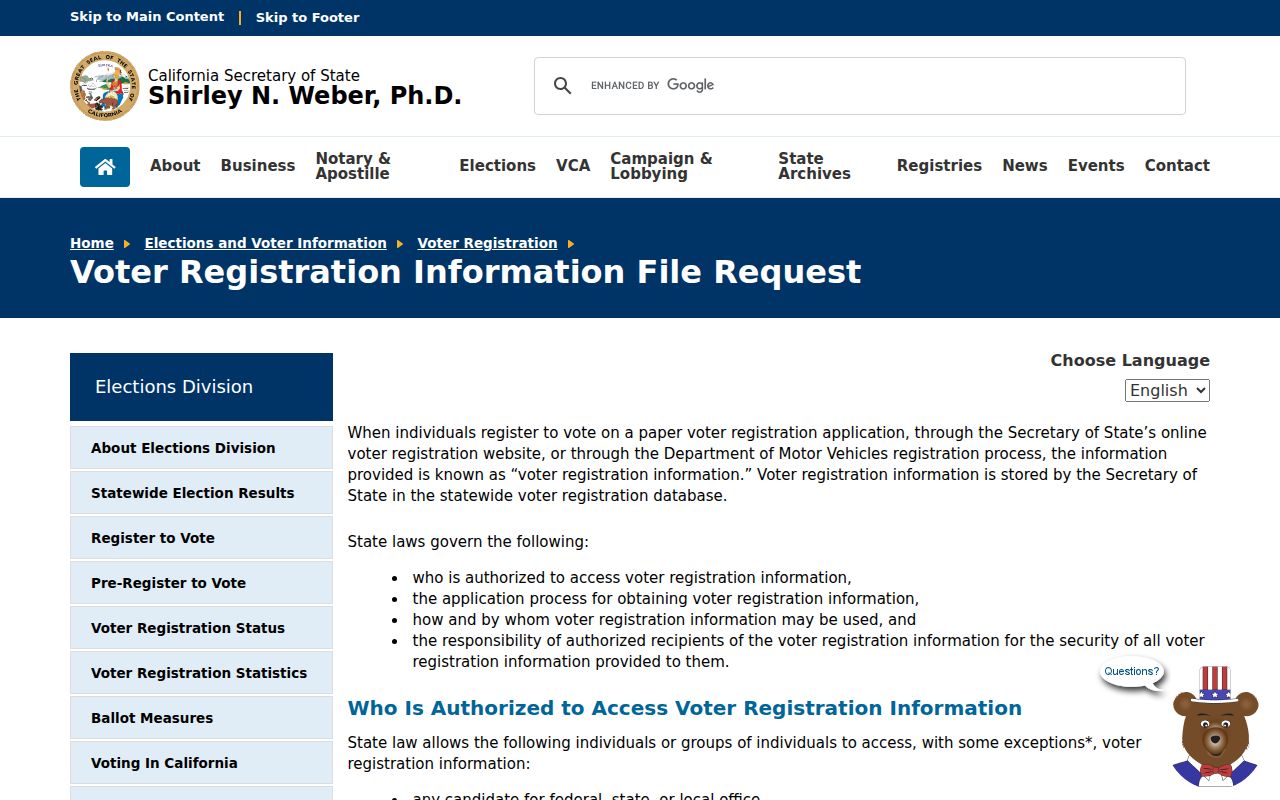 California Secretary of State voter registration information file request page for El Cajon voter records